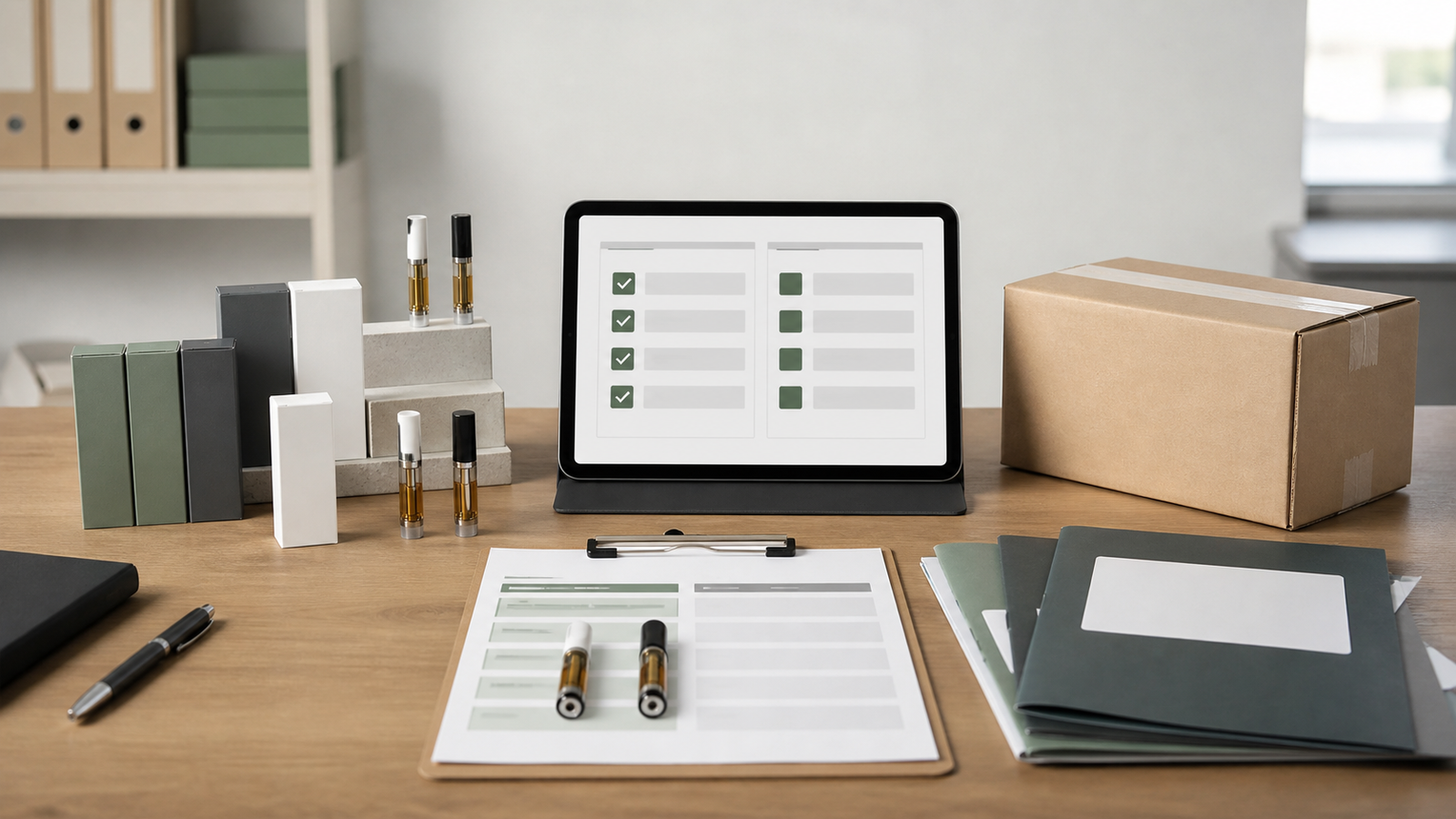 Checklist de compra mayorista para CBD vape y THC vape en una mesa de trabajo