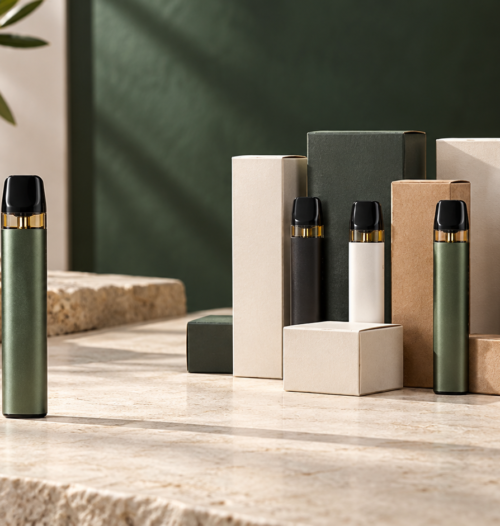 Un vape générique White Label à l’unité à côté d’un assortiment de produits neutres pour illustrer le comparatif avec Canapuff en gros
