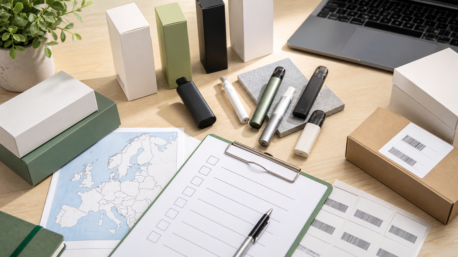 Checklist destinazione per vape cannabinoidi con scatole prodotto e spedizione