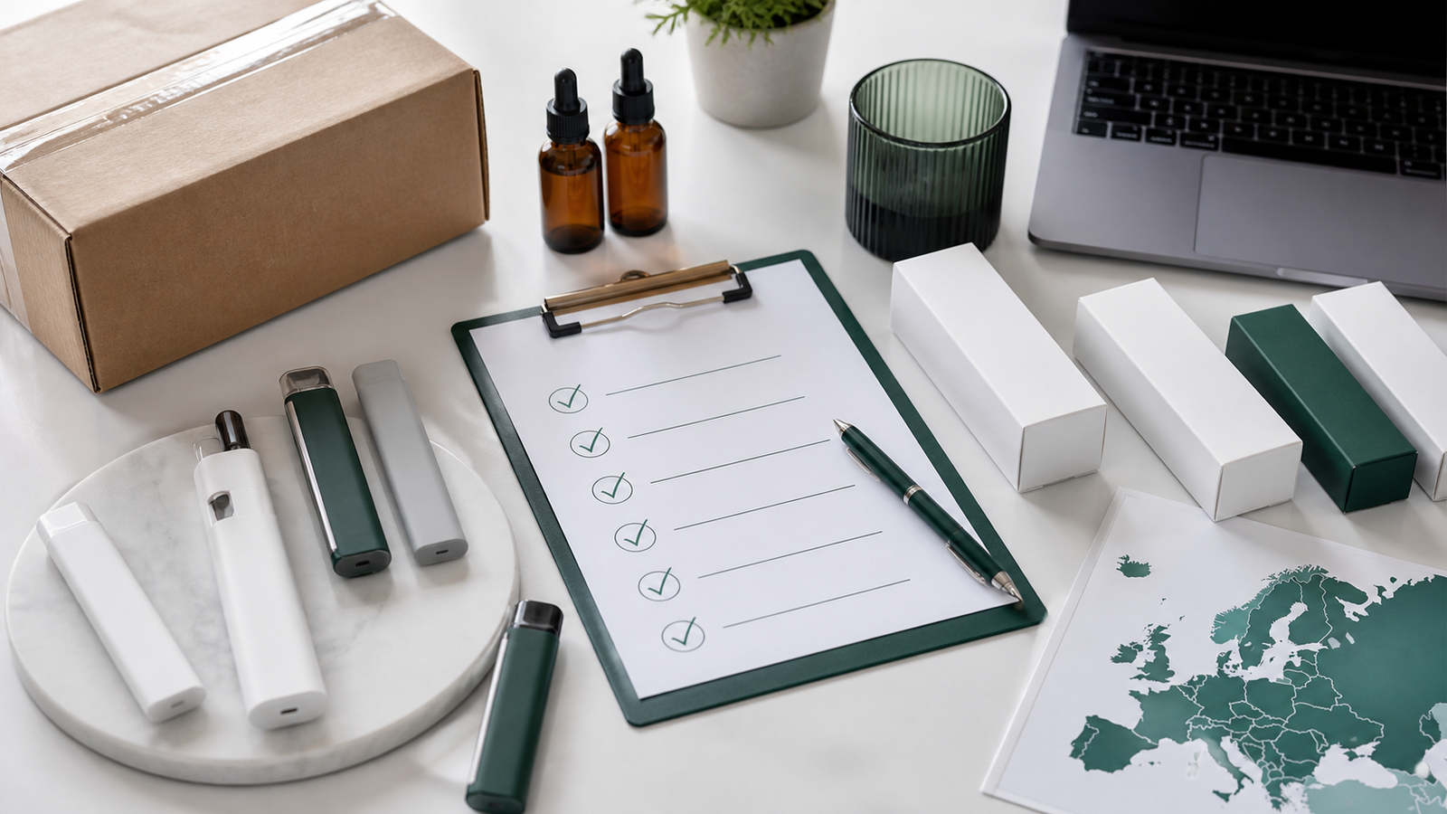 Checklist idoneità THC vape con dispositivi neutri, pacco spedizione e mappa Europa