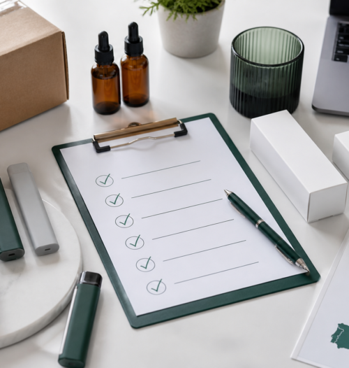 Checklist éligibilité THC vape avec vapes neutres, carton livraison et carte Europe
