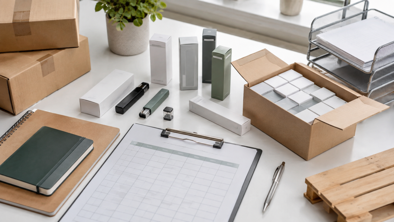 Small-batch vape wholesale MOQ planner with blank product boxes, calculator and shipping cartons